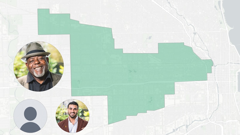Three circular portraits on a white, green and grey map.