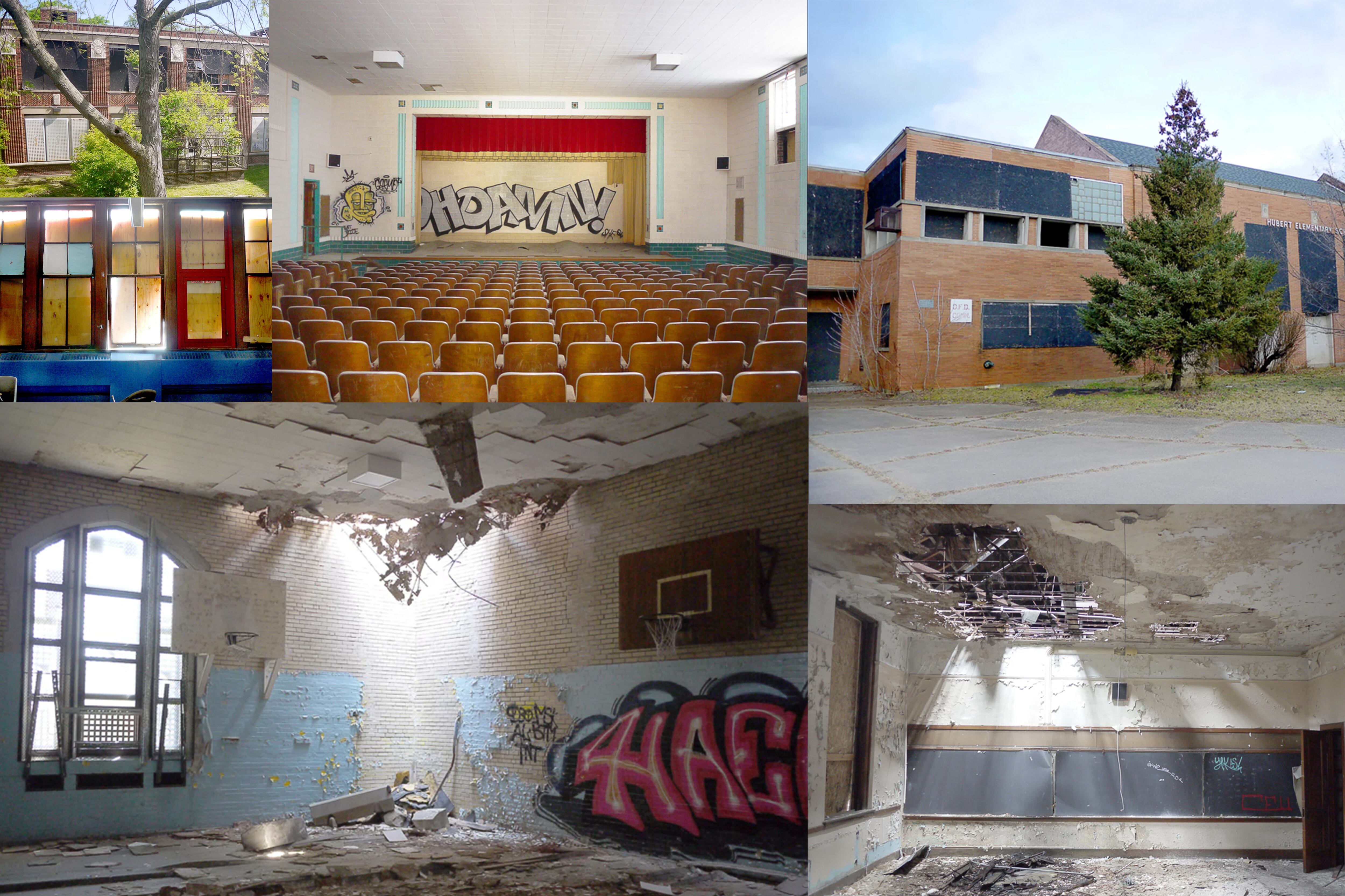 A collage of images from abandoned Detroit schools. There are six pictures of different sizes, showing auditoriums, gymnasiums, classrooms and exteriors with varying levels of decay after years of neglect.