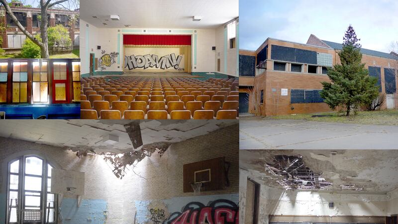 A collage of images from abandoned Detroit schools. There are six pictures of different sizes, showing auditoriums, gymnasiums, classrooms and exteriors with varying levels of decay after years of neglect.