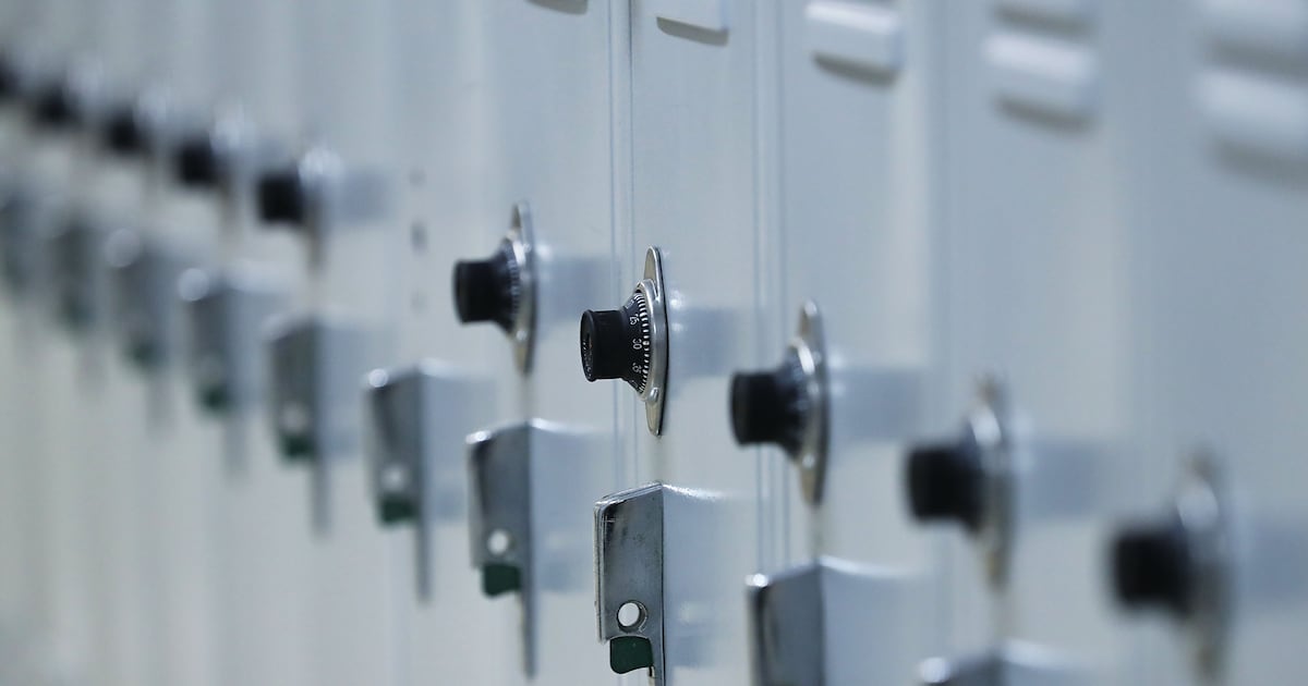 A photograph of a row of school lockers.