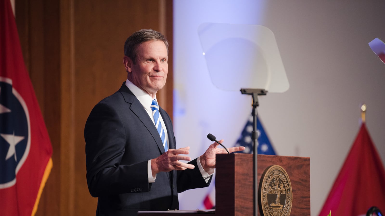 Gov. Bill Lee delivers a regional State of the State address in March in Memphis, one of two cities that will be affected by his education savings account plan.