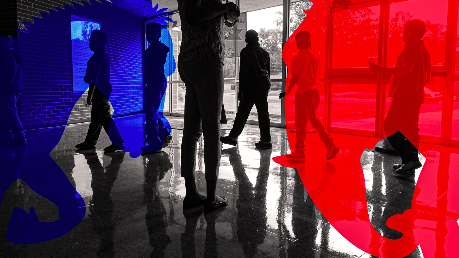 The blue Democratic Party donkey and the red Republican Party elephant sit over the top of students and a teacher making their way through a hallway.