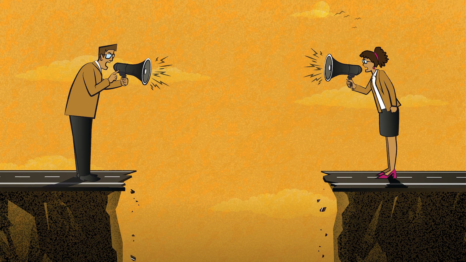 An illustration of a man and woman standing at the edge of the cliff and yelling with megaphones.