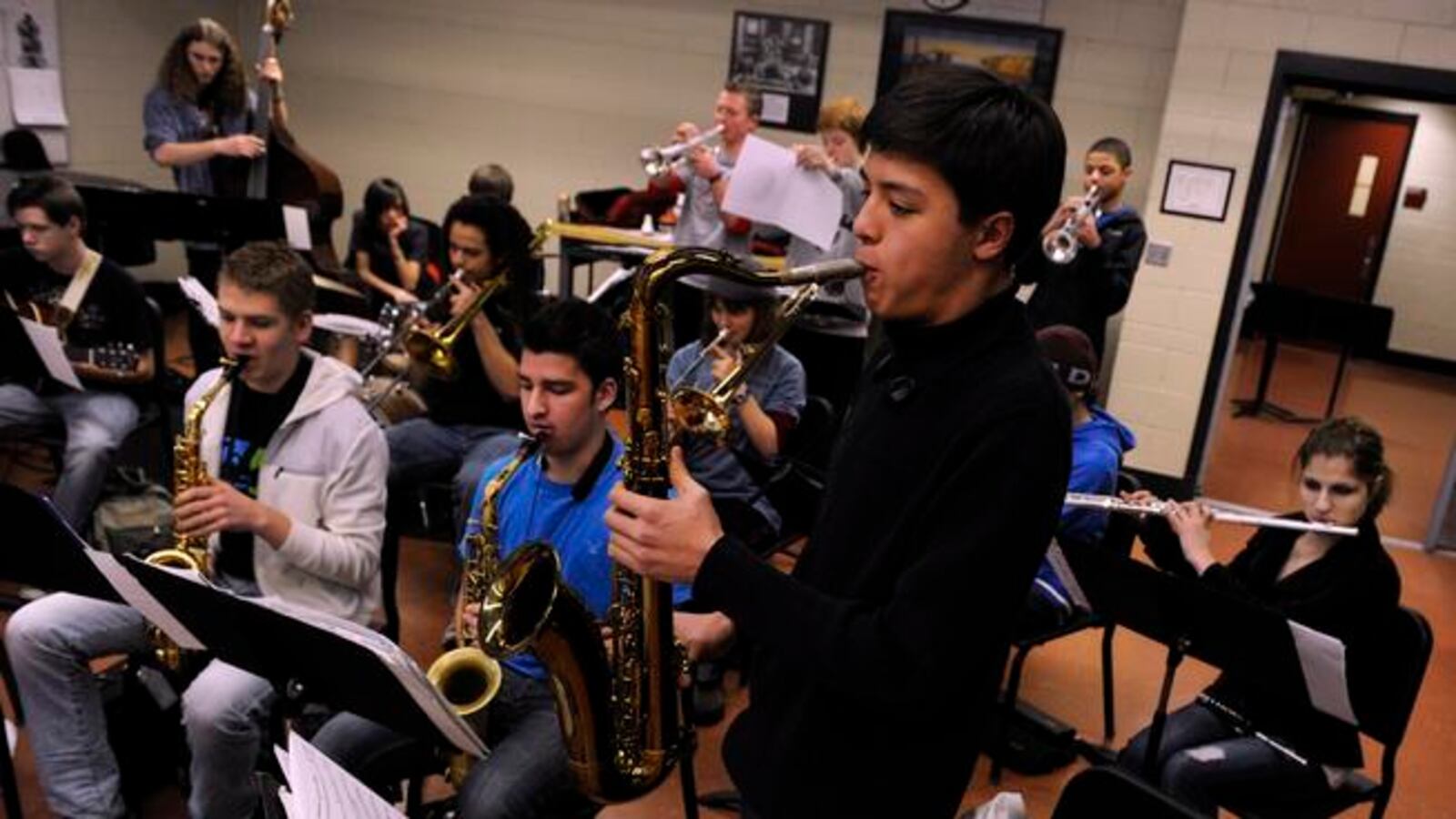 The saxophone section is front and center at a 2015 Denver School of the Arts Jazz Workshop Orchestra rehearsal (Photo By Kathryn Scott Osler/The Denver Post).