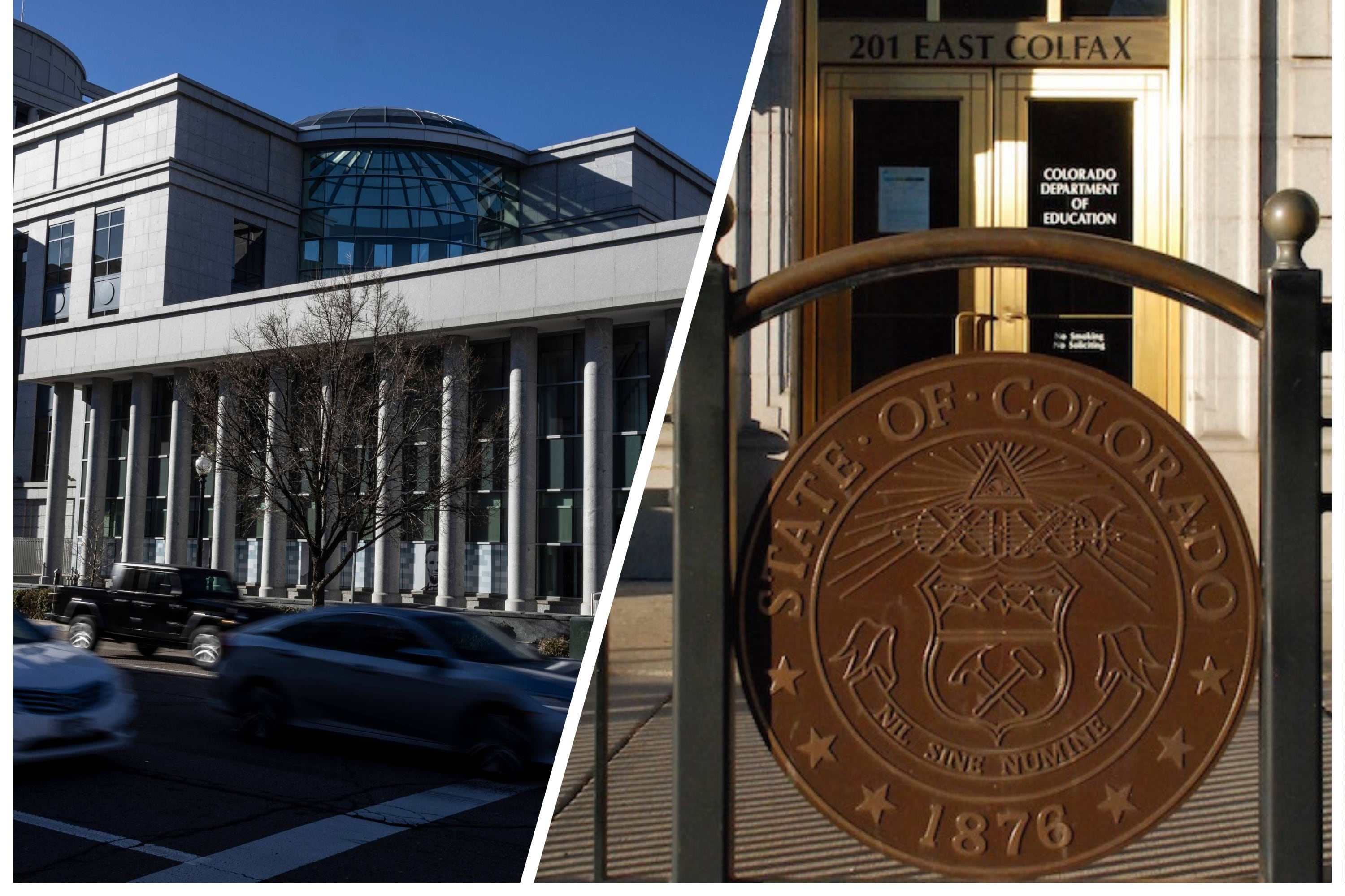 A photo collage made with two photos. On the left is a photograph of a white building with lots of pillars. On the right is a photograph of a white building with a gate in front, and there is a brown emblem that reads State of Colorado.