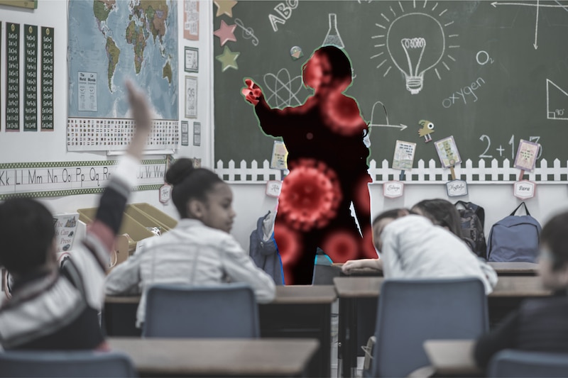 A photo collage with a teacher cut out and replaced by a silhouette with viruses.