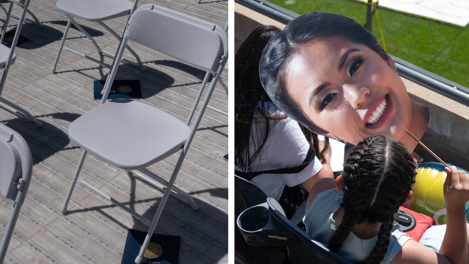(Left) Graduation programs rest underneath folding chairs at Soldier Field. (Right) Vanessa Tran holds a large photo of her sister Katylnn Tran, a senior at Whitney M. Young Magnet High School, to shade herself from the sun at the graduation ceremony at Soldier Field on Wednesday afternoon.