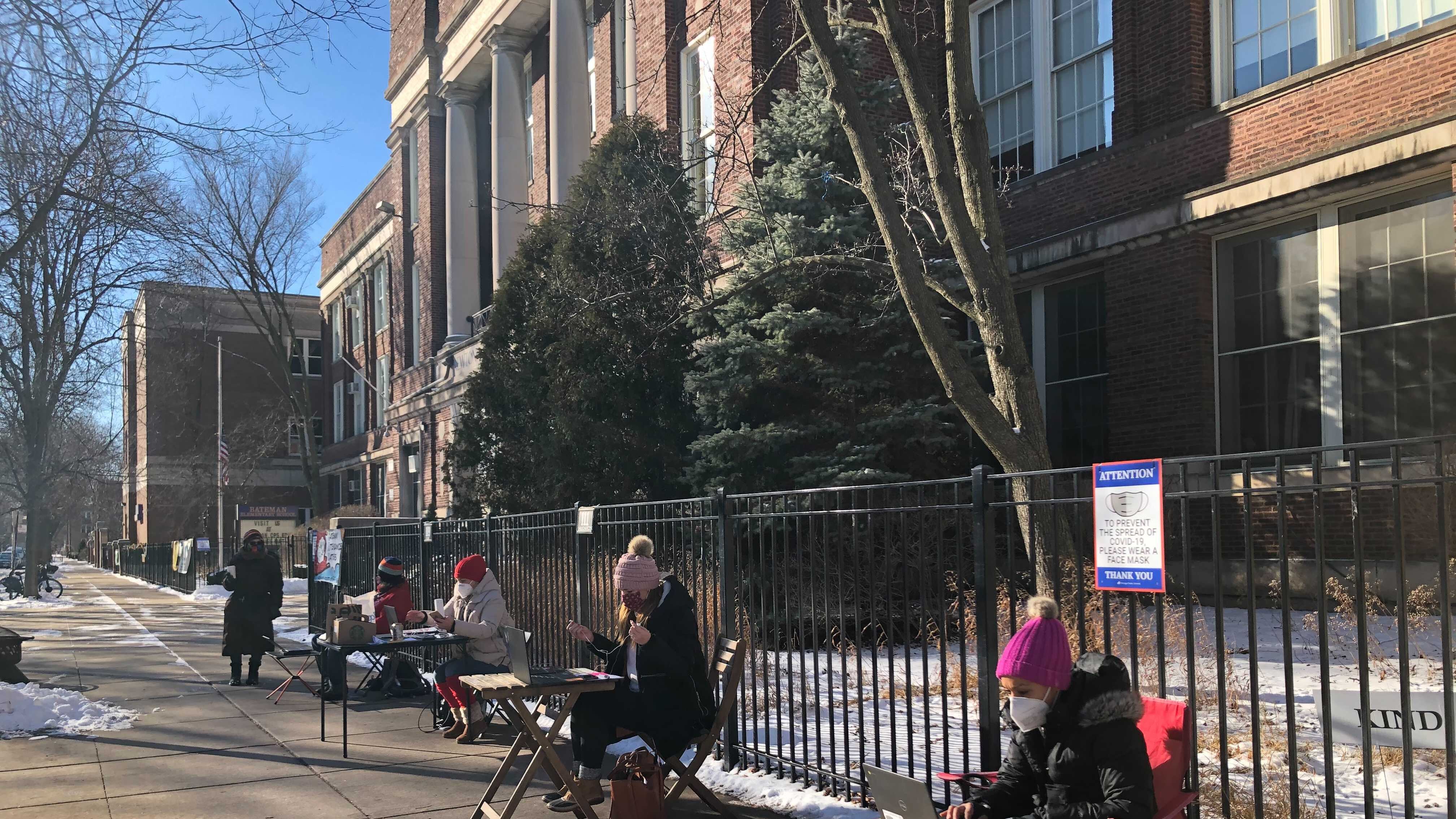 Educators at several Chicago schools, including Bateman Elementary, took their desks outdoors to teach remotely this week, as the union escalated efforts to push back on the city’s school reopening plan.