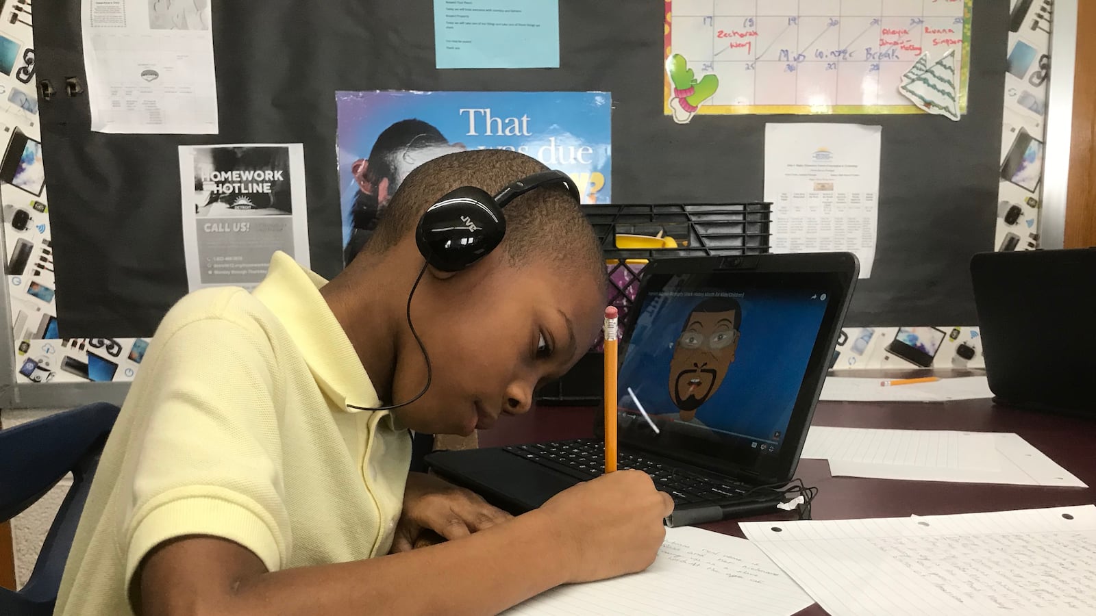 A student at Bagley Elementary School of Journalism and Technology works on a Black History Month project.