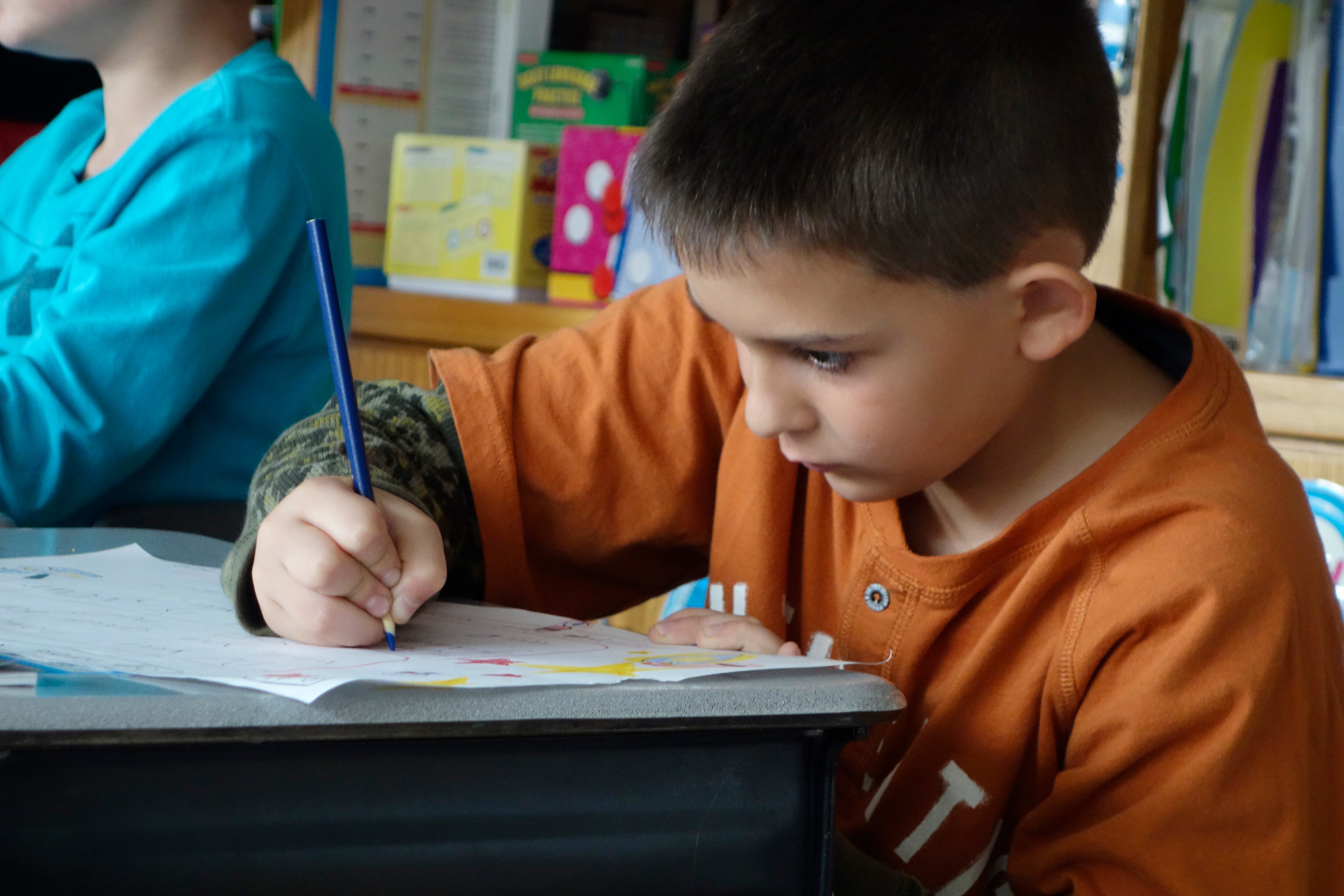 3rd Grade Student Writing in Class, Friendship, New York