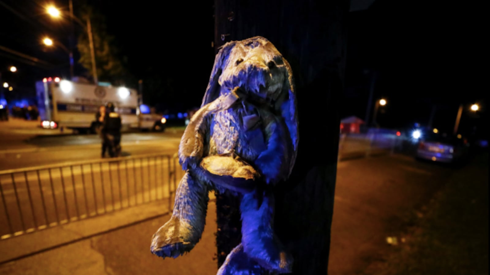 A soaked teddy bear hangs from a telephone pole near where protesters took to the streets of Frayser in the wake of an officer-involved shooting on Wednesday, June 12, 2019, that left one person dead.