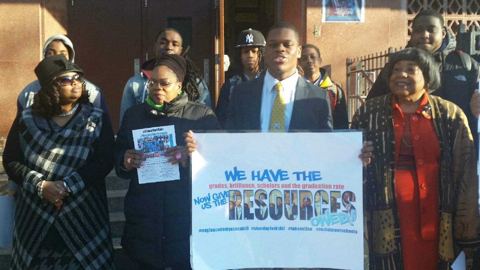 A morning rally in front of Eagle Academy for Young Men II in Brooklyn. Photo courtesy of Alliance for Quality Education.