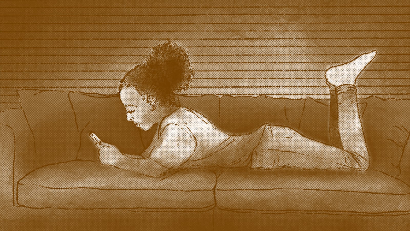 A brown and white illustration of a young girl lying on a couch looking at a cellphone. A window with blinds in the background.