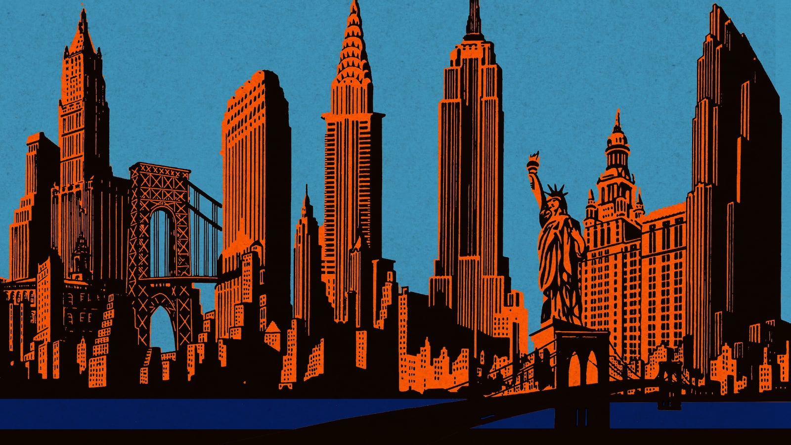 An illustration of an abstract skyline in orange against a blue sky.