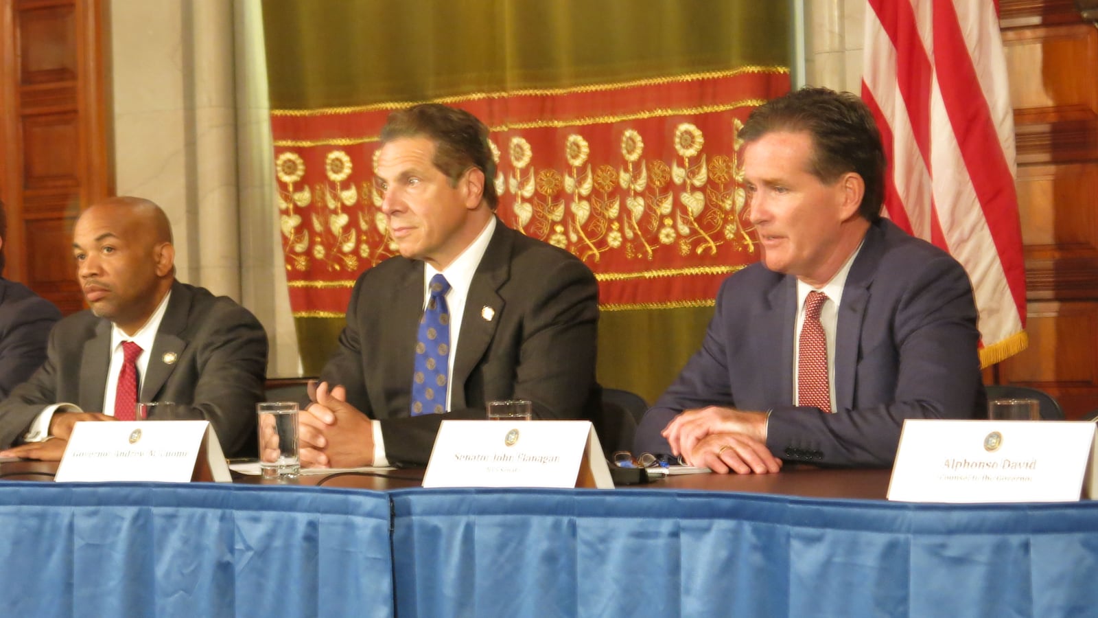 Assembly Speaker Carl Heastie, left, Gov. Andrew Cuomo, and Senate leader John Flanagan.