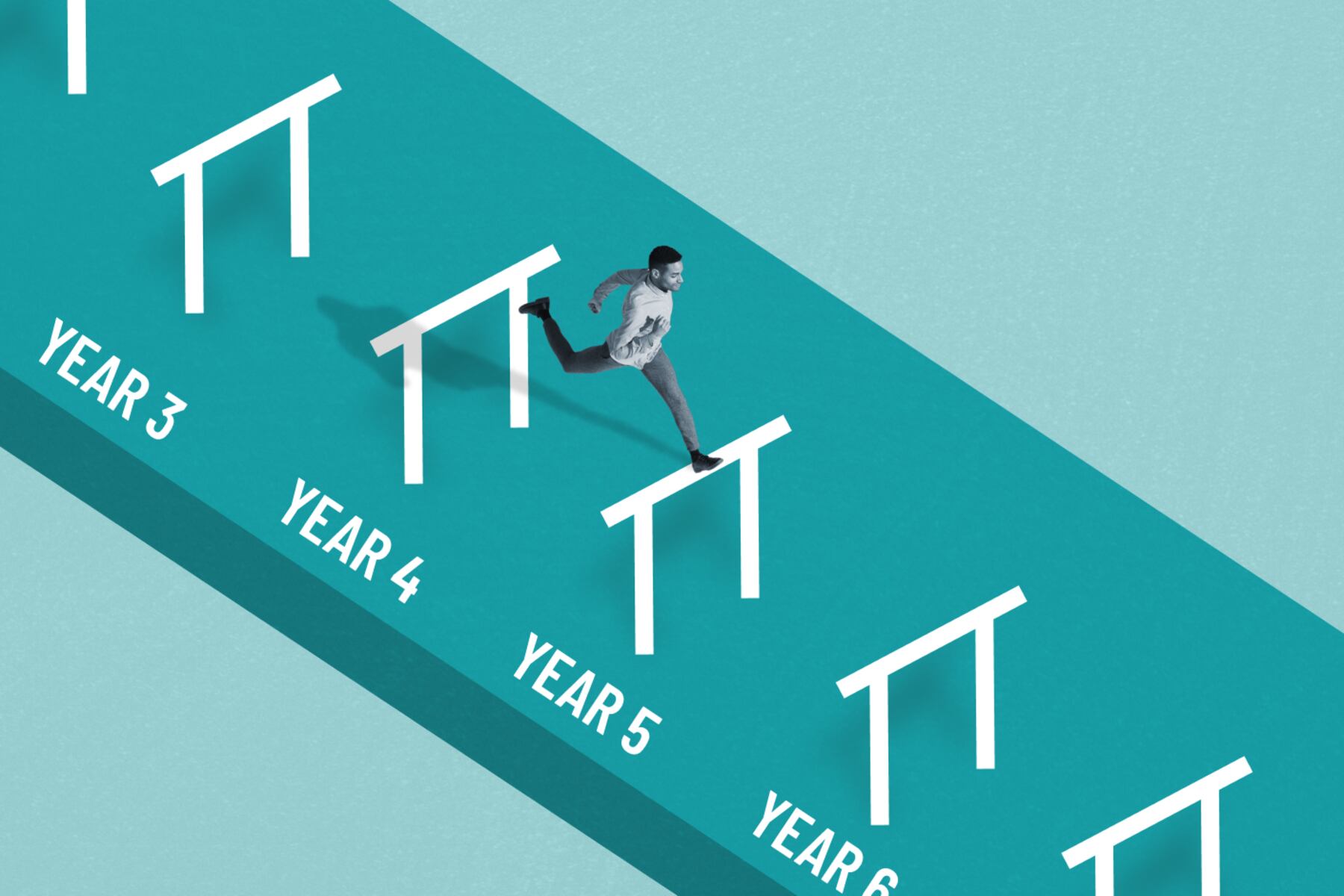 A teacher jumping over obstacles while running in a hurdle race.