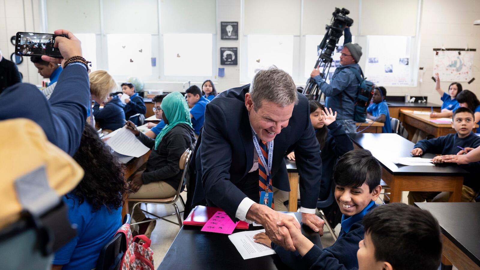 Gov. Bill Lee greets students at LEAD Cameron Middle, a charter school in Nashville.