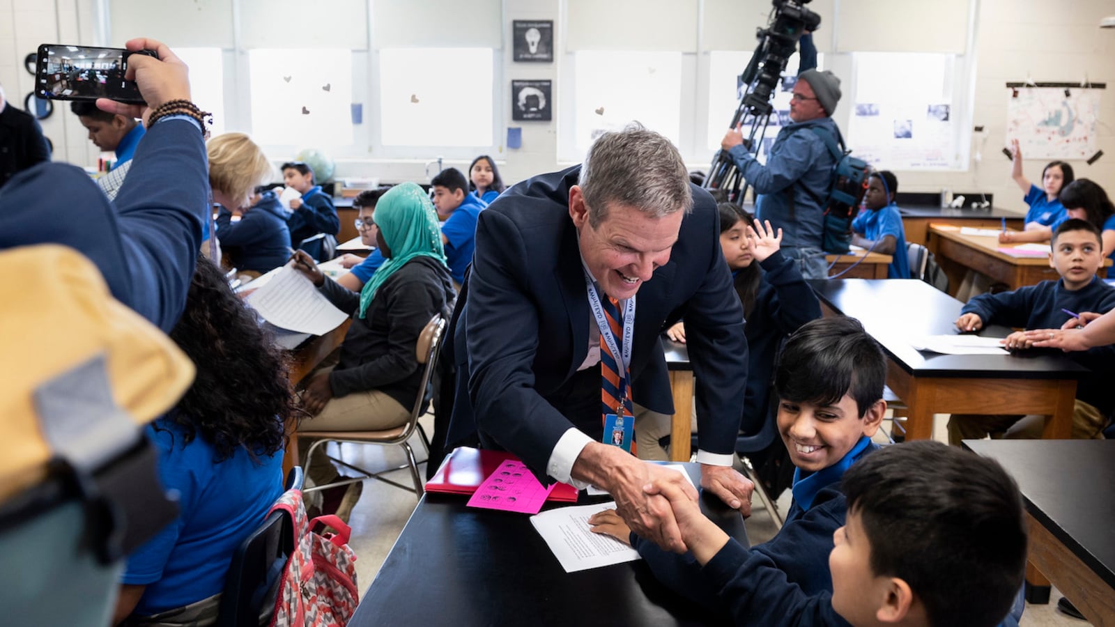 Gov. Bill Lee greets students at LEAD Cameron Middle, a charter school in Nashville.
