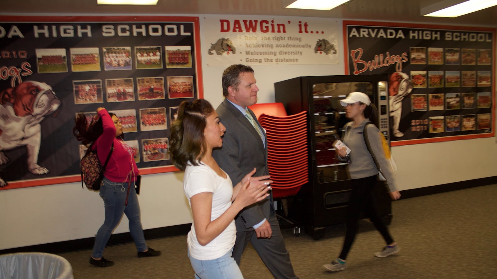 Jason Glass, the sole finalist for the superintendent position in Jeffco Public Schools, toured Arvada High School in May. (Photo by Yesenia Robles, Chalkbeat)