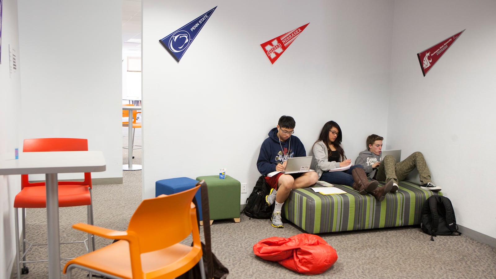 DALY CITY, CA - FEBRUARY 19: Students study during their 'personalized learning time' at Shasta charter public high school where they learn using the blended learning model in one big open classroom, in 2014 in Daly City, California.
