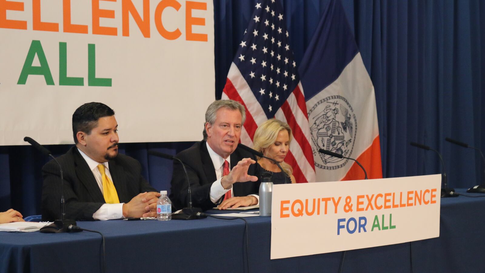 Mayor Bill de Blasio (middle) at a press conference about test scores with Chancellor Richard Carranza at P.S. 204 in the Bronx