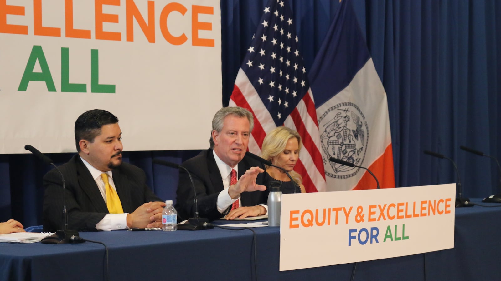 Mayor Bill de Blasio (middle) at a press conference about test scores with Chancellor Richard Carranza at P.S. 204 in the Bronx