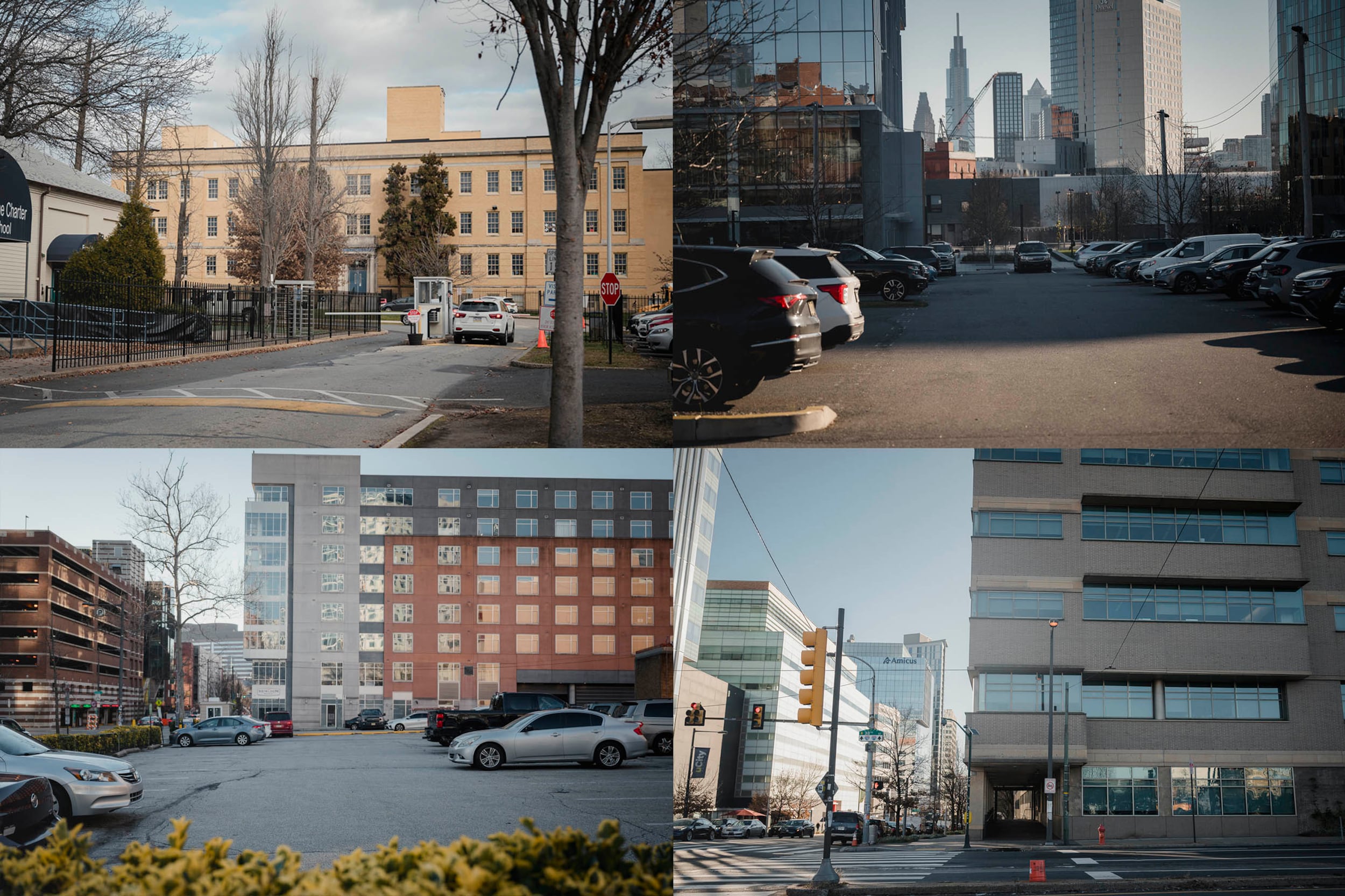 A grid of four images of showing large buildings outside.