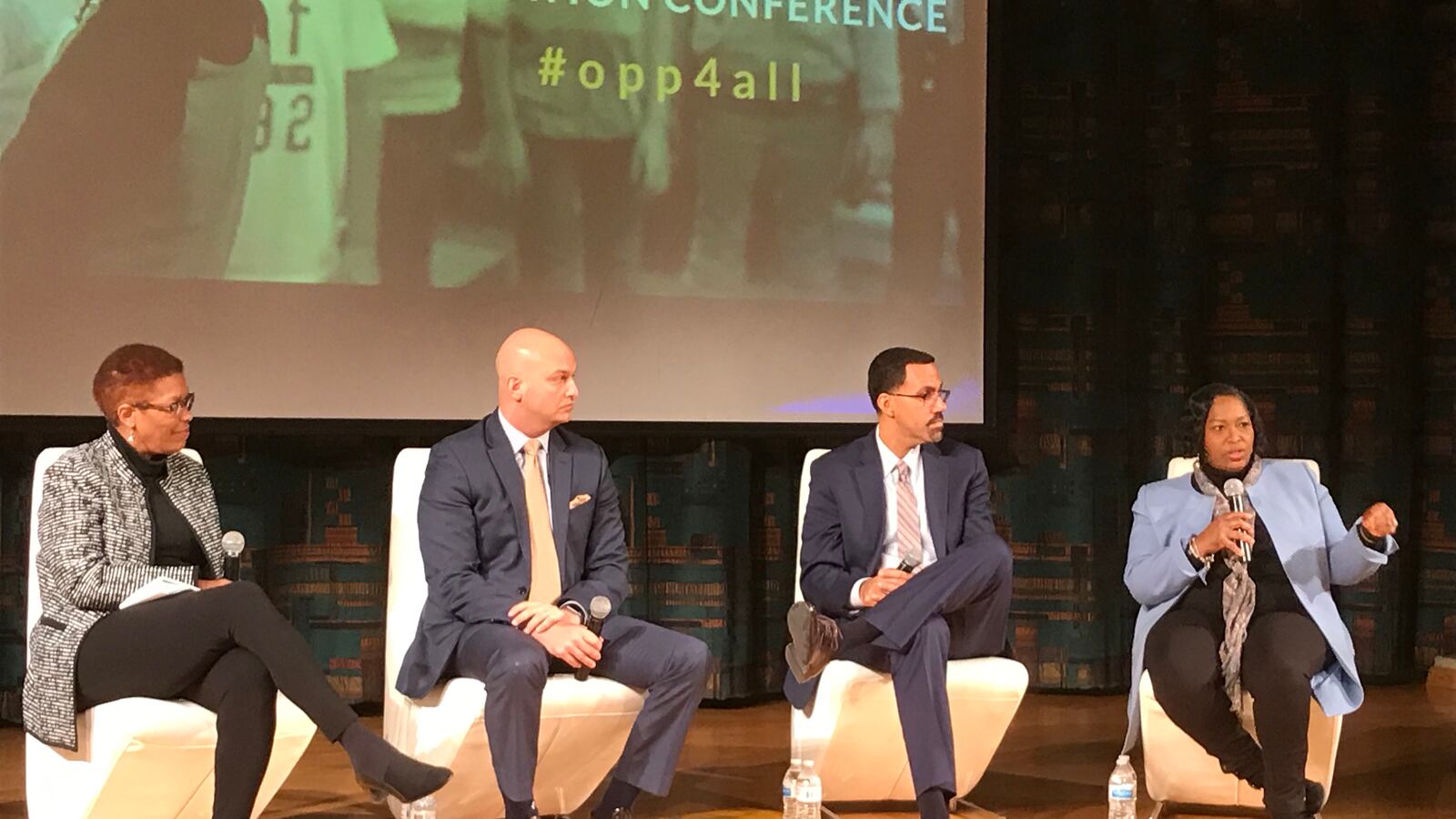 Teresa Weatherall Neal, superintendent of the Grand Rapids school district, speaks during a panel discussion that also featured, from left, Detroit Free Press columnist Rochelle Riley, Detroit Superintendent Nikolai Vitti and former U.S. Education Secretary John King.