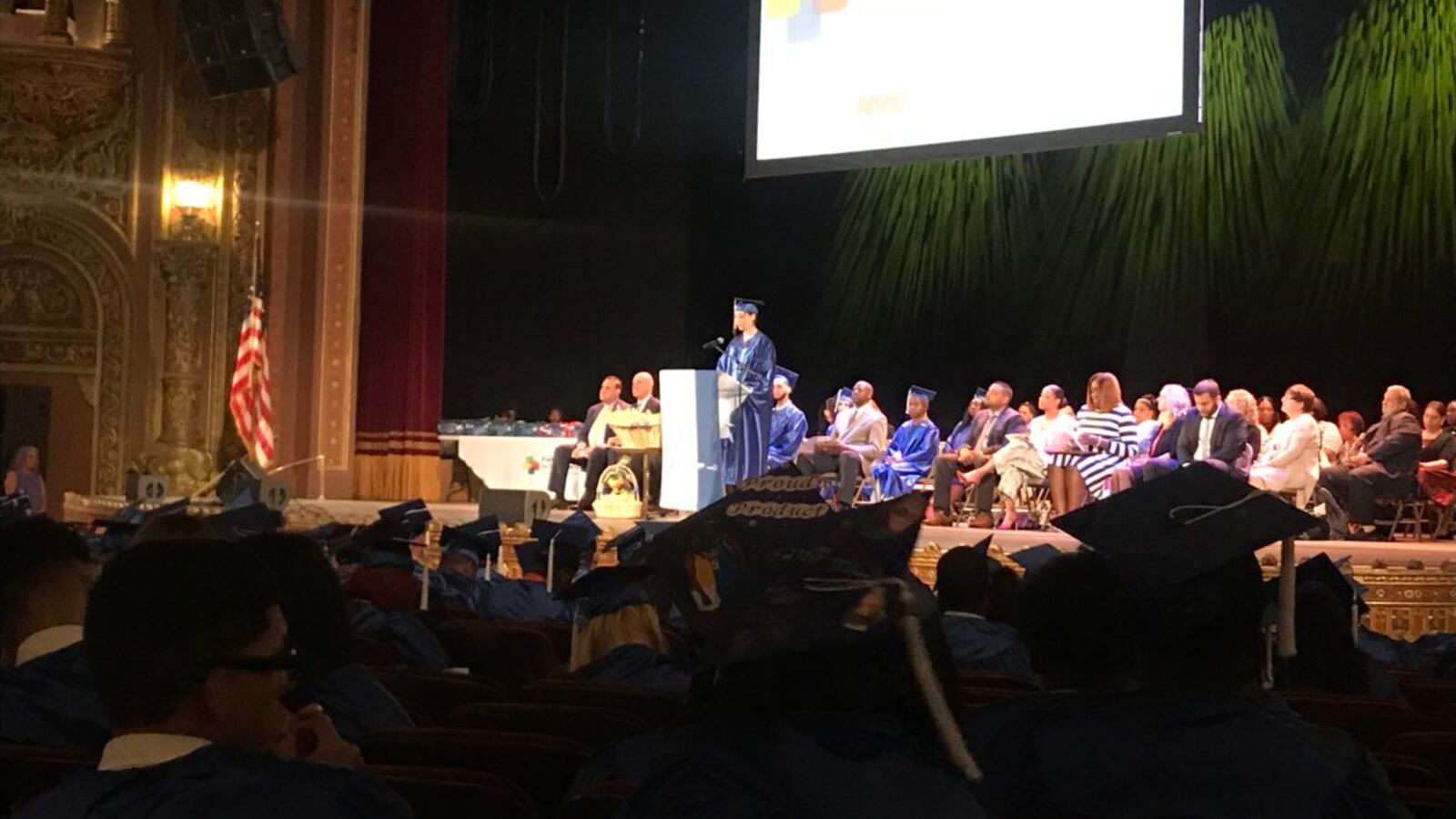 A student speaks to a crowd of graduates during the 2019 Pathways to Graduation ceremony in Harlem.