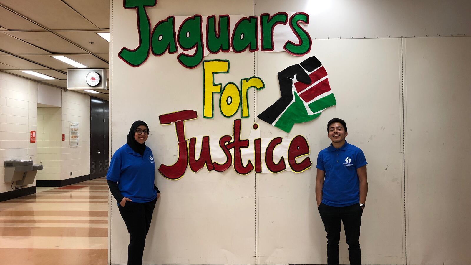 Teacher hopefuls Noor Maghrebi and Leo Sanchez take a break from teaching to pose at Julian High School in Chicago, IL.
