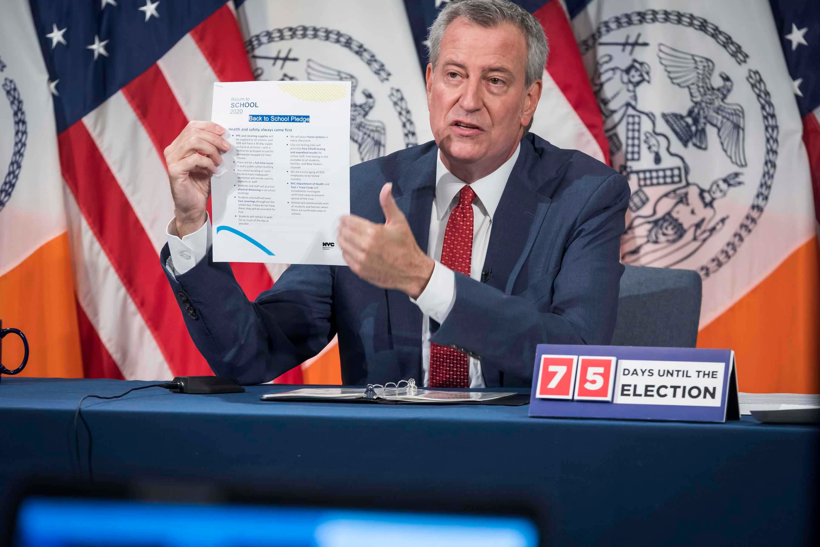 Mayor Bill de Blasio holds a media availability with Schools Chancellor Richard Carranza and others at City Hall, Aug. 20, 2020