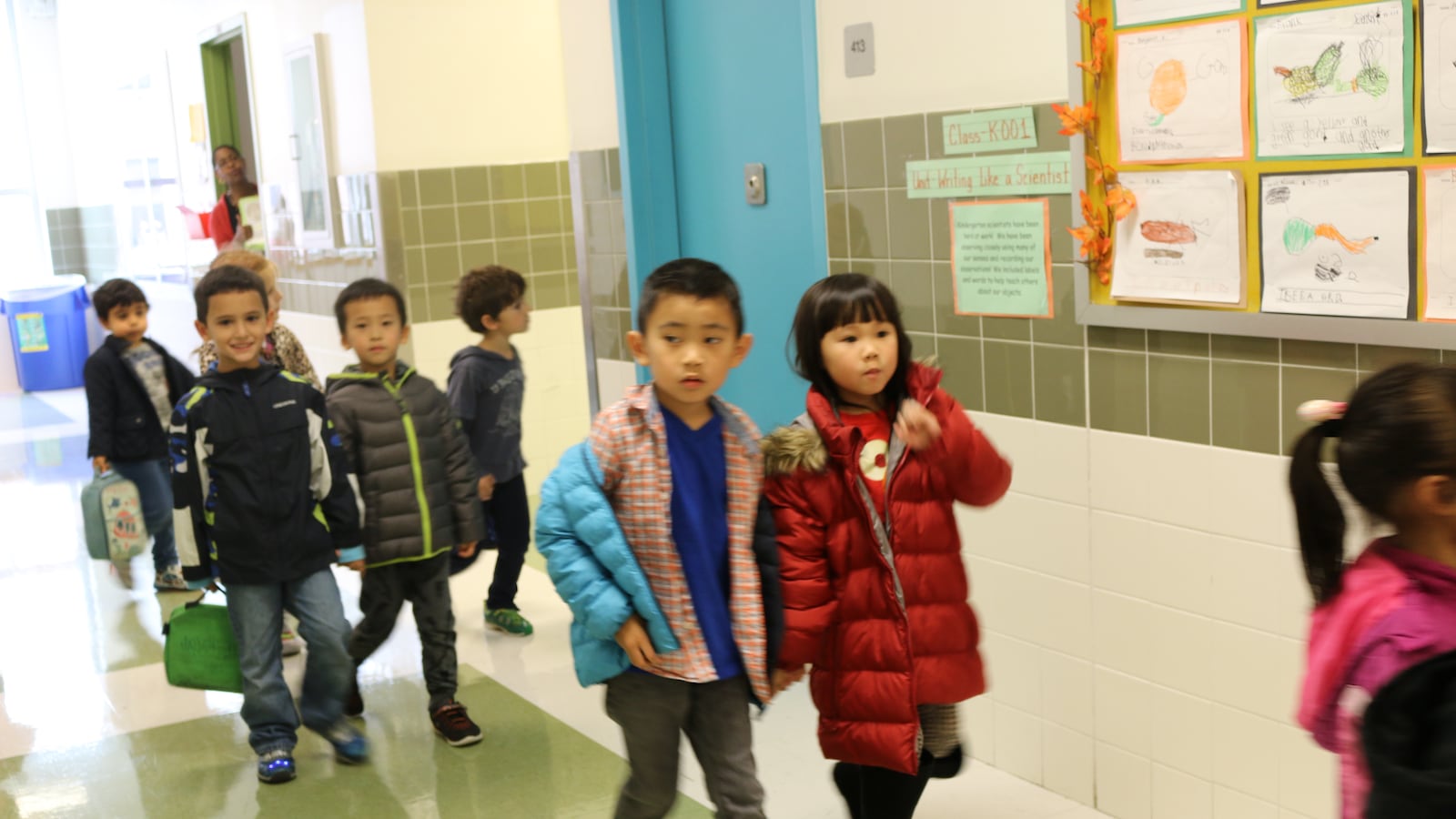 Kindergarten students at Brooklyn School of Inquiry, a gifted and talented program in New York City, walk to recess in 2016.