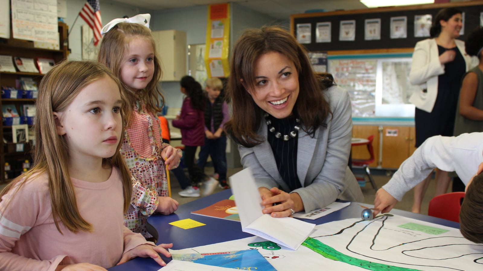 Penny Schwinn visits with students at a school in Rutherford County in February, soon after becoming education commissioner in Tennessee. (Photo courtesy of Tennessee Department of Education)