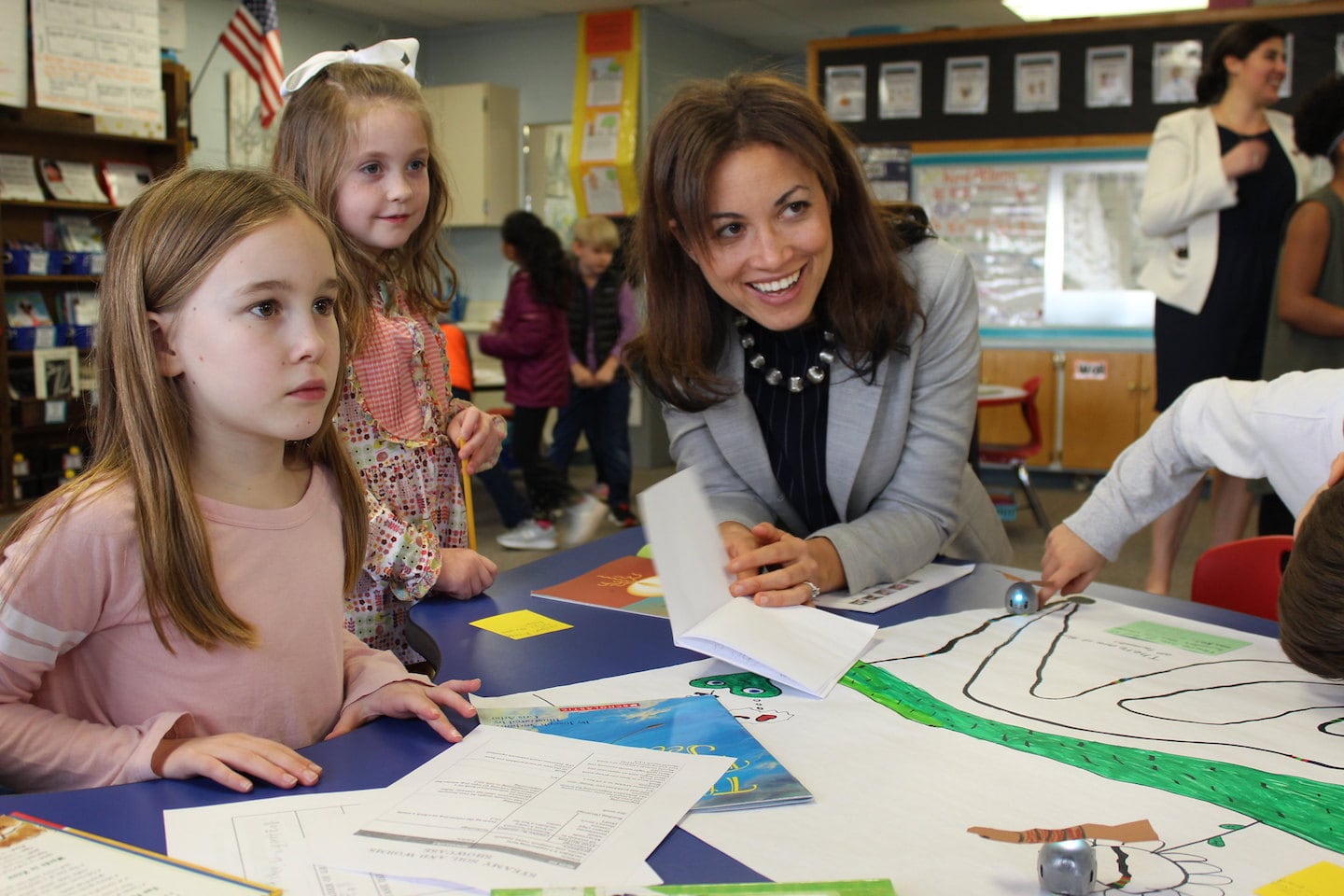 Penny Schwinn visits with students at a school in Rutherford County in February, soon after becoming education commissioner in Tennessee. (Photo courtesy of Tennessee Department of Education)