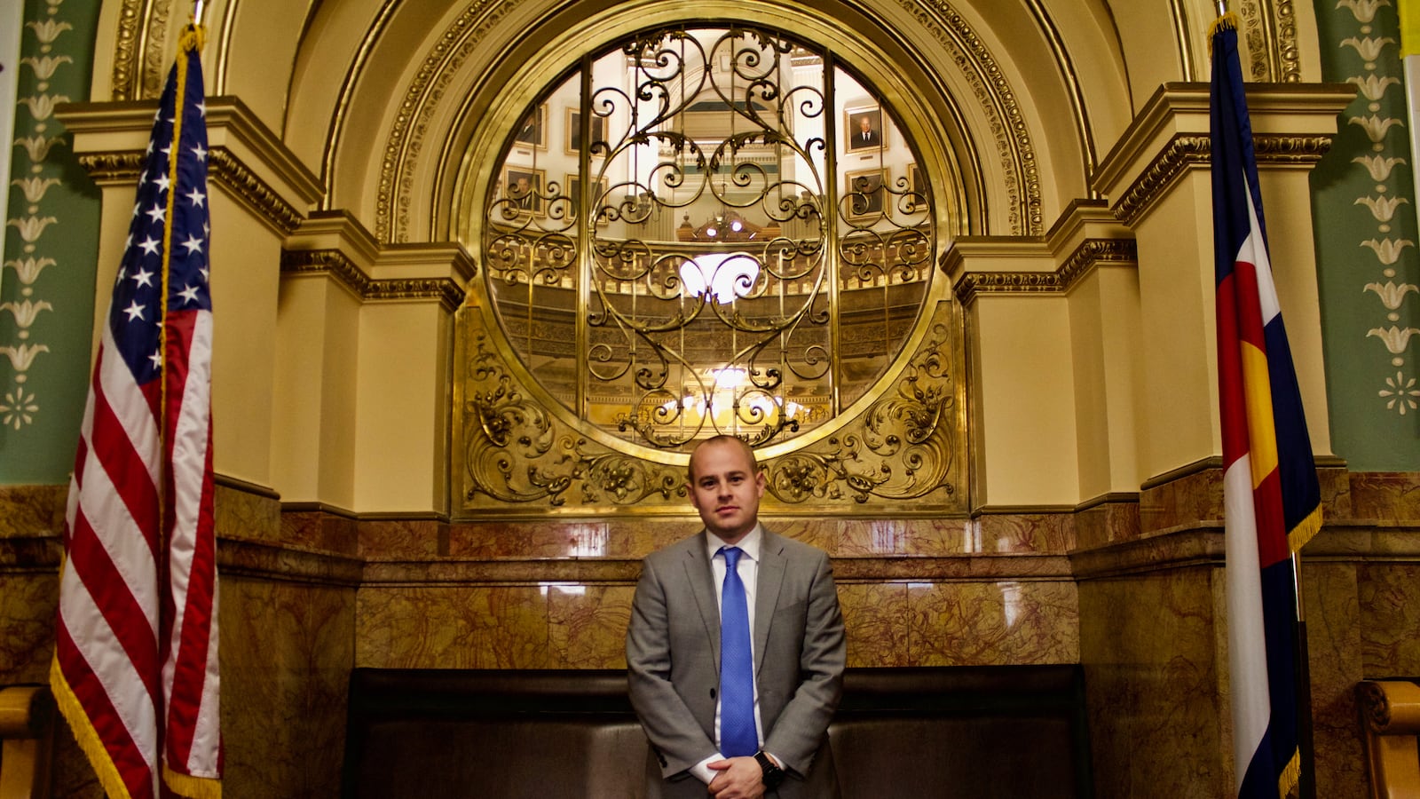 Luke Ragland is the first president of Ready Colorado, a nonprofit to support Republicans in favor of education reform. Ragland is pictured in the lobby of the Colorado House of Representatives.