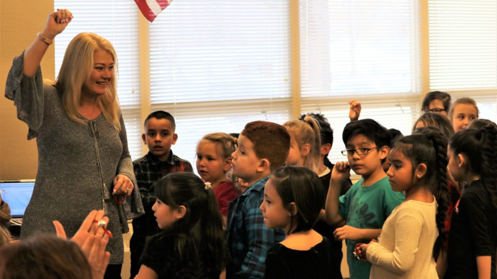 Pam Swanson, superintendent of Westminster Public Schools, with students.