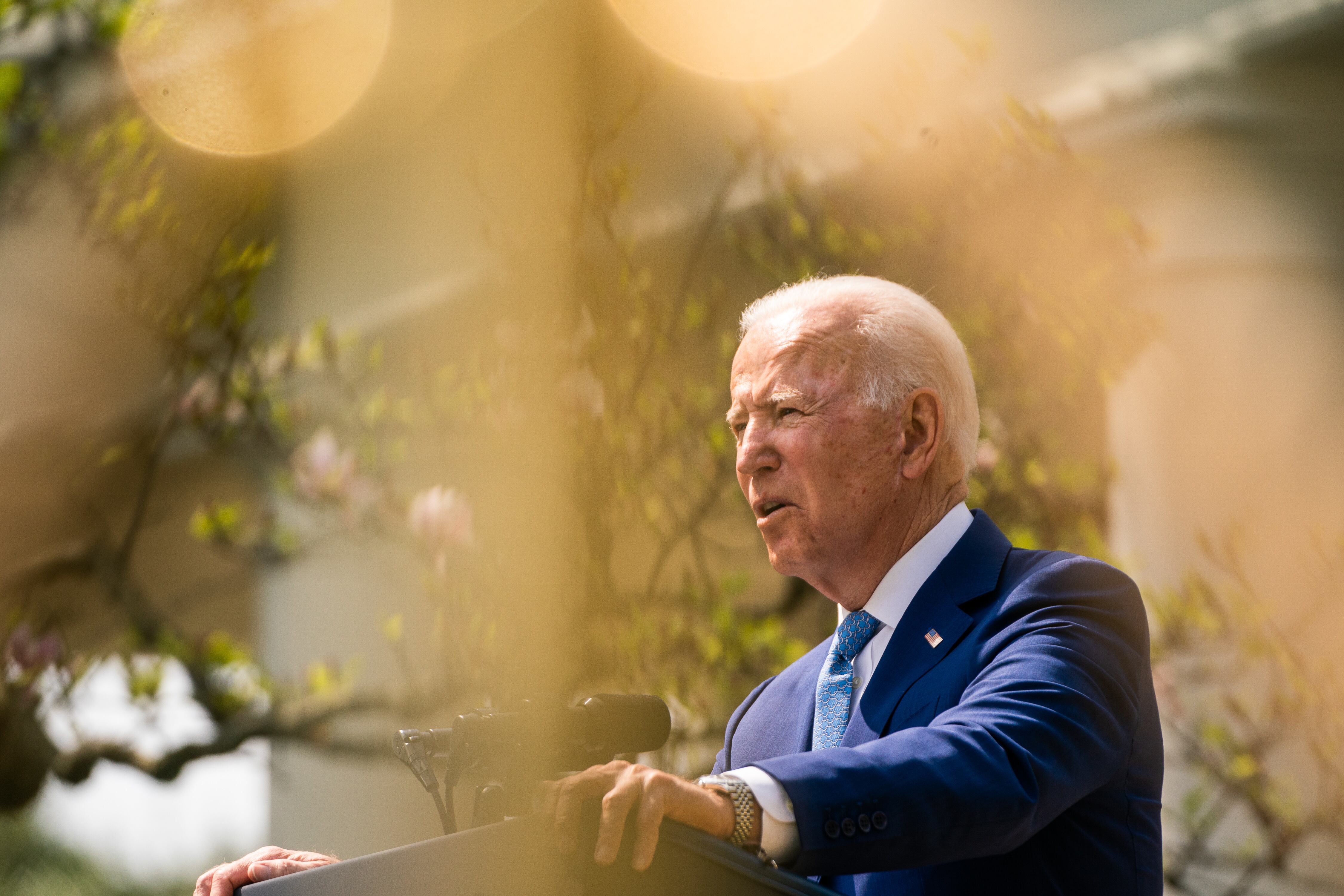 WASHINGTON, DC April 8, 2021: President Joe Biden make remarks on gun violence prevention while Vice President Kamala Harris and United States Attorney General Merrick Garland listen in the Rose Garden at the White House on April 8, 2021. (Photo by Demetrius Freeman/The Washington Post via Getty Images)