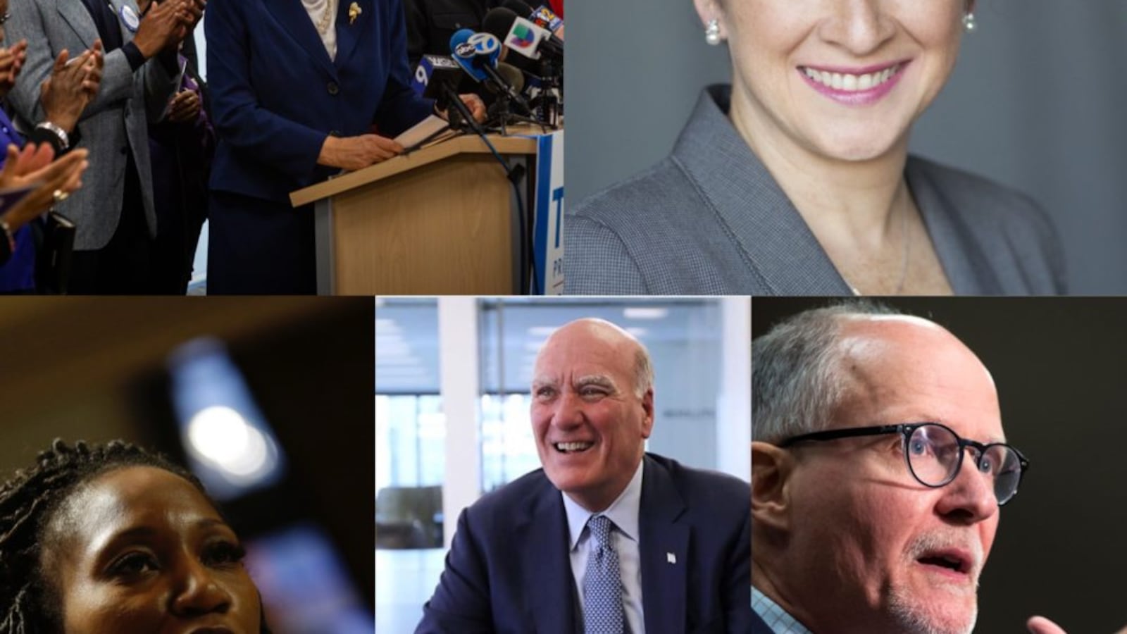 Clockwise from top left, candidates for Chicago mayor Toni Preckwinkle, Susana Mendoza, Paul Vallas, Bill Daley and Amara Enyia.