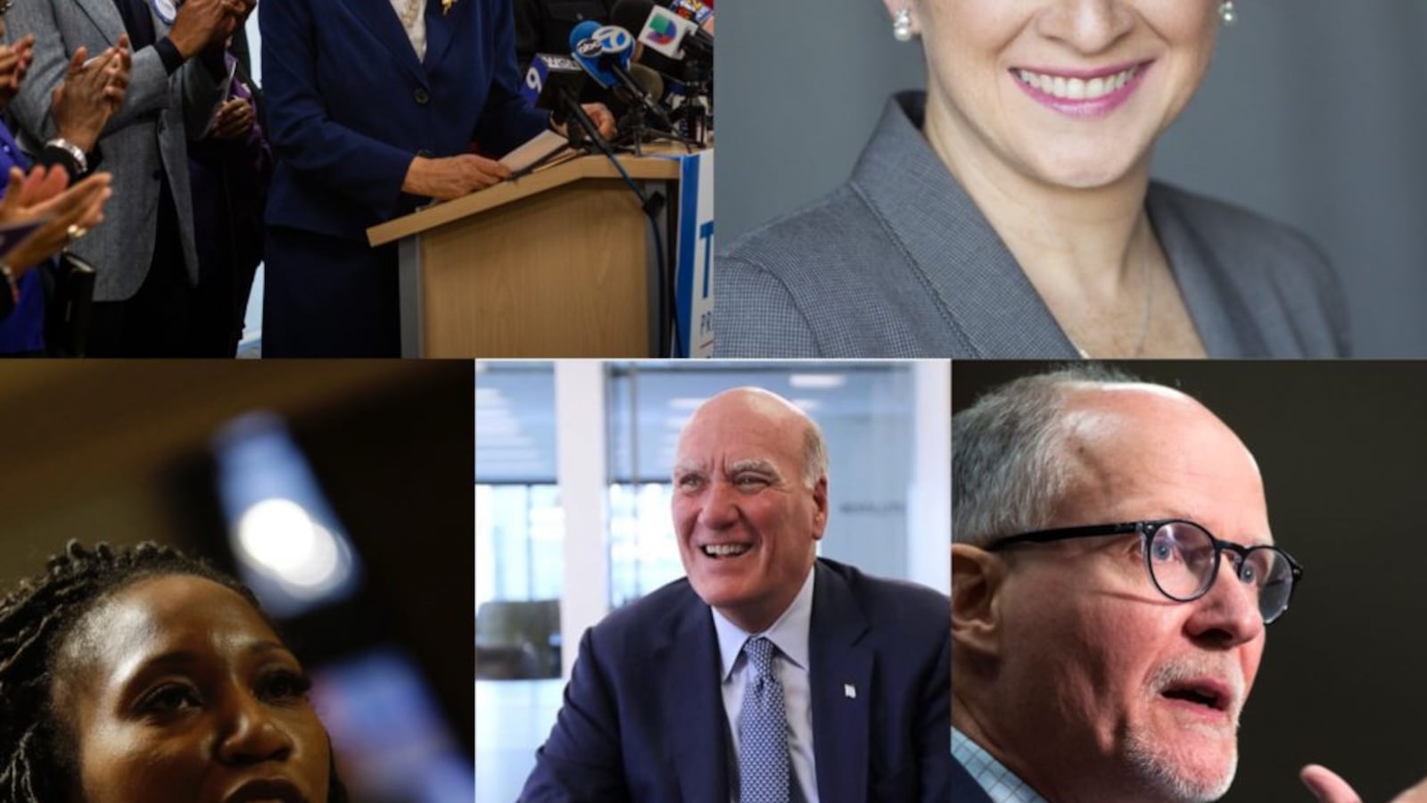 Clockwise from top left, candidates for Chicago mayor Toni Preckwinkle, Susana Mendoza, Paul Vallas, Bill Daley and Amara Enyia.