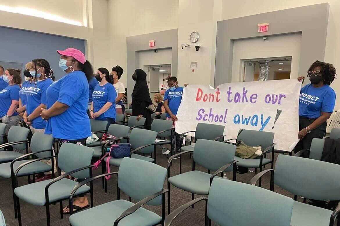 Student, educators and families of Southwest Leadership Academy Charter School stand in protest.