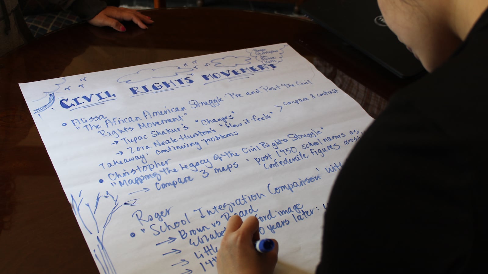 A high school history teacher writes down lesson plans that her team will present to the group.