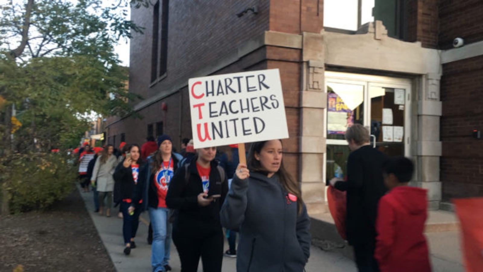 Members of the Chicago Alliance of Charter Teachers and Staff protest before an Acero network board meeting in October.
