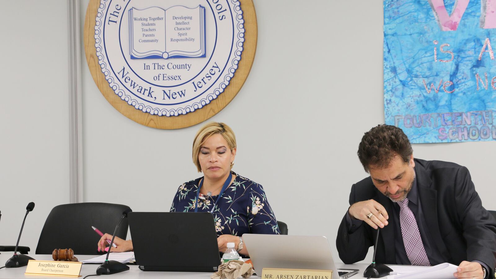 Newark school board president Josephine Garcia sits in the conference room where most board meetings are held.