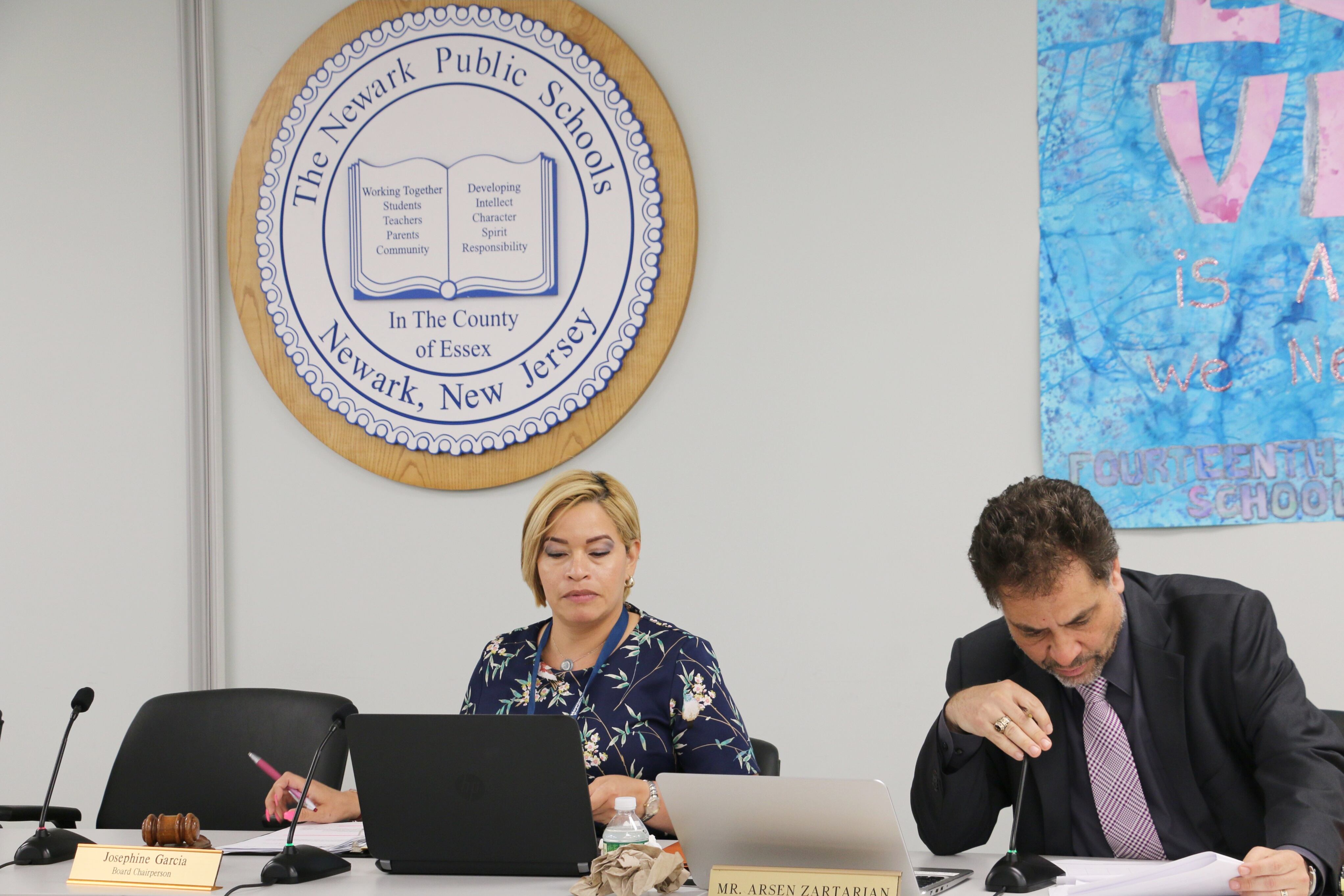 Newark school board president Josephine Garcia sits in the conference room where most board meetings are held.