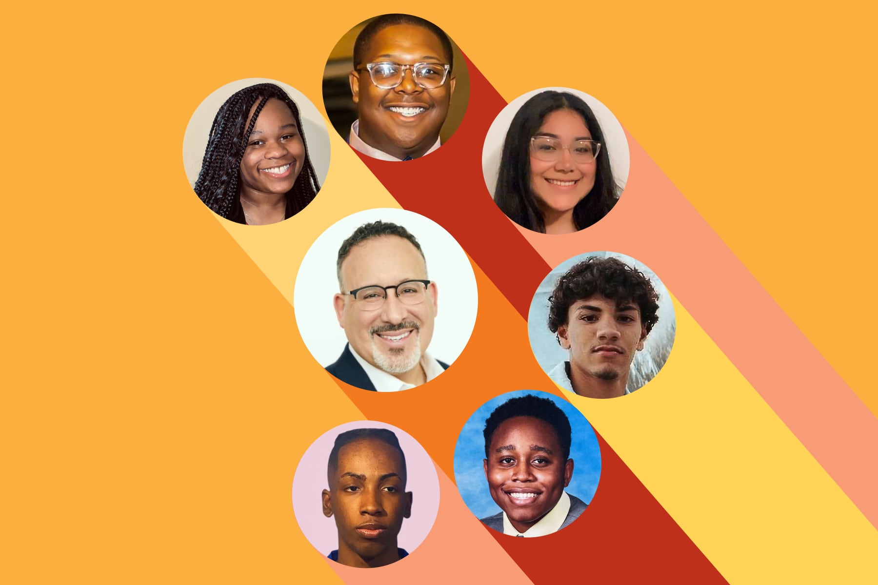 (Clockwise from top left) Portraits of Chinaya Mason, Trey Cunningham, Elizabeth Jaramillo, Joaquin Martinez, Kenneth Usoh, Zadane Russell and Secretary of Education Miguel Cardona sit within mulit-colored bubbles in a promotional graphic.