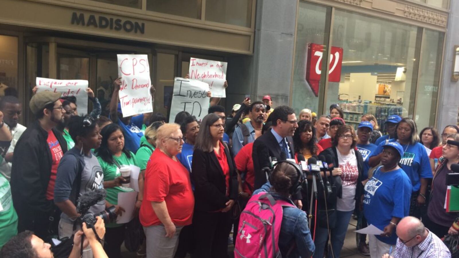 Chicago Teachers Union Vice President Jesse Sharkey outside of Chicago Public Schools headquarters