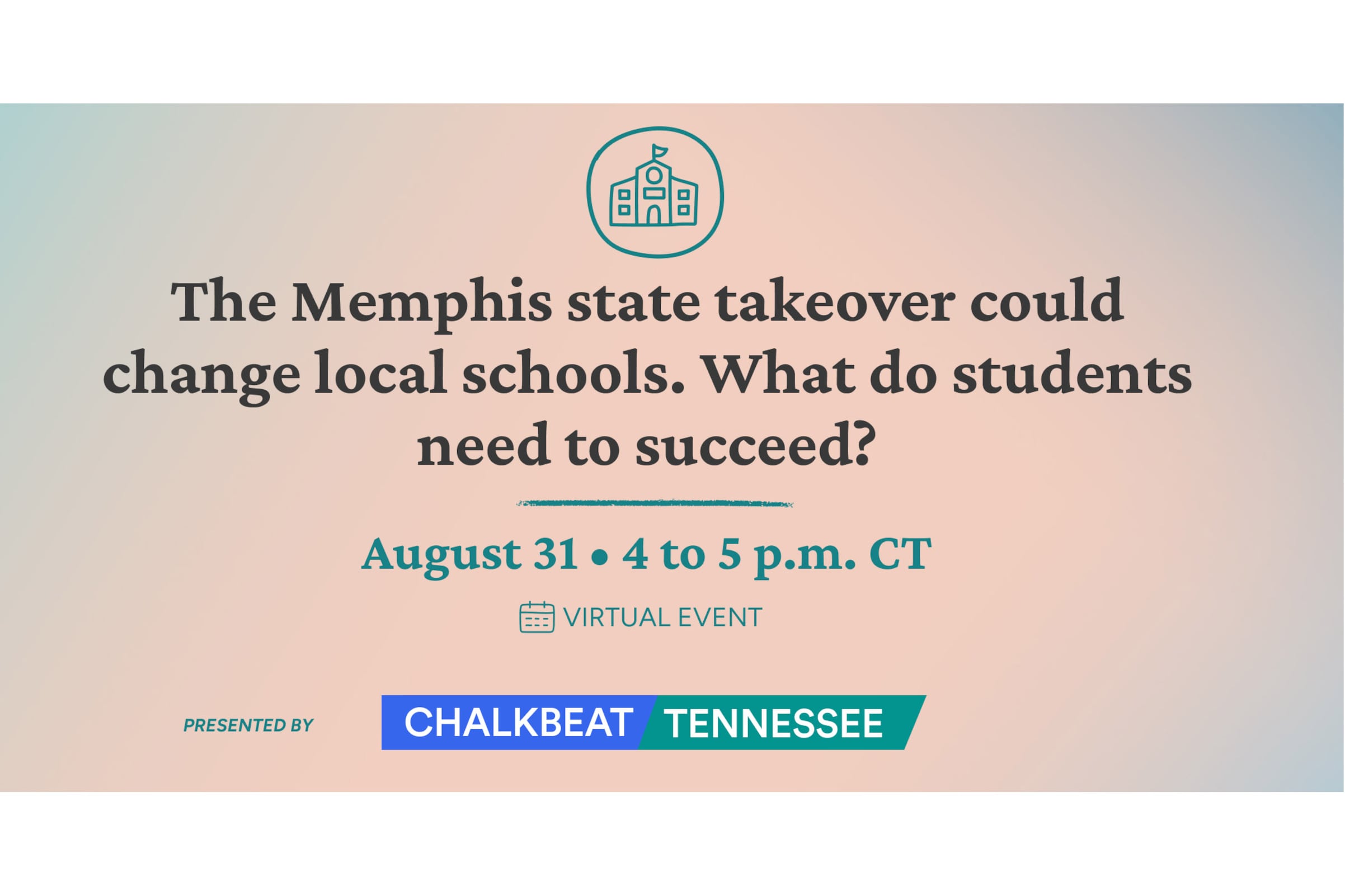 A colorful virtual event banner with black letters and the Chalkbeat Tennessee logo.