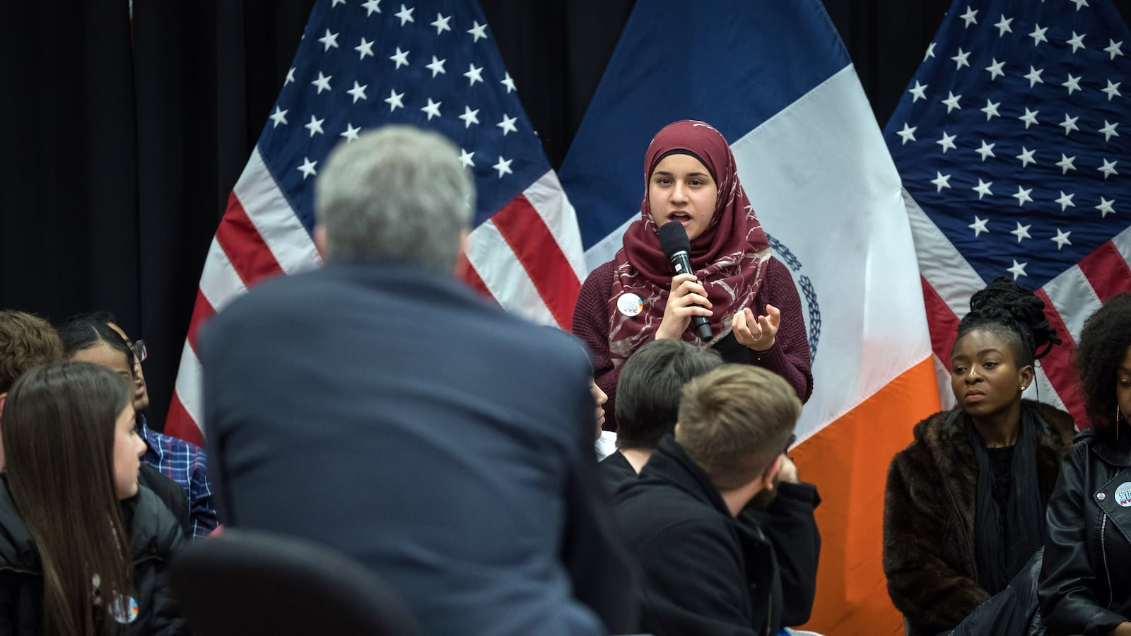 A student asks Mayor de Blasio a question during Thursday's town hall meeting about school safety.