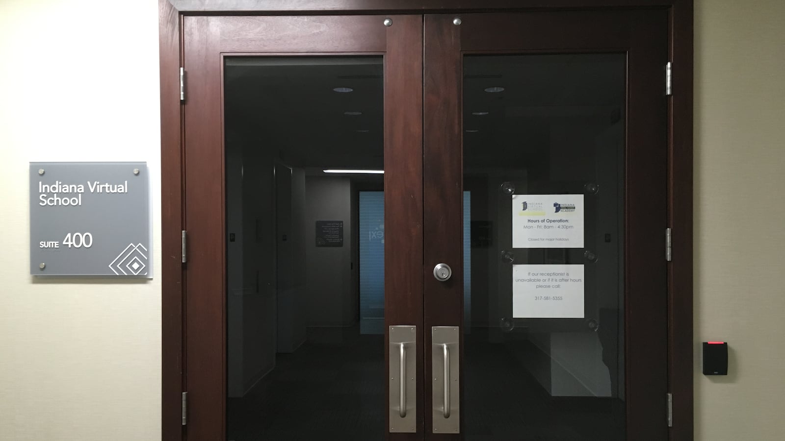 An office for Indiana Virtual School and Indiana Virtual Pathways Academy was dark and locked on a Monday morning in July during business hours.