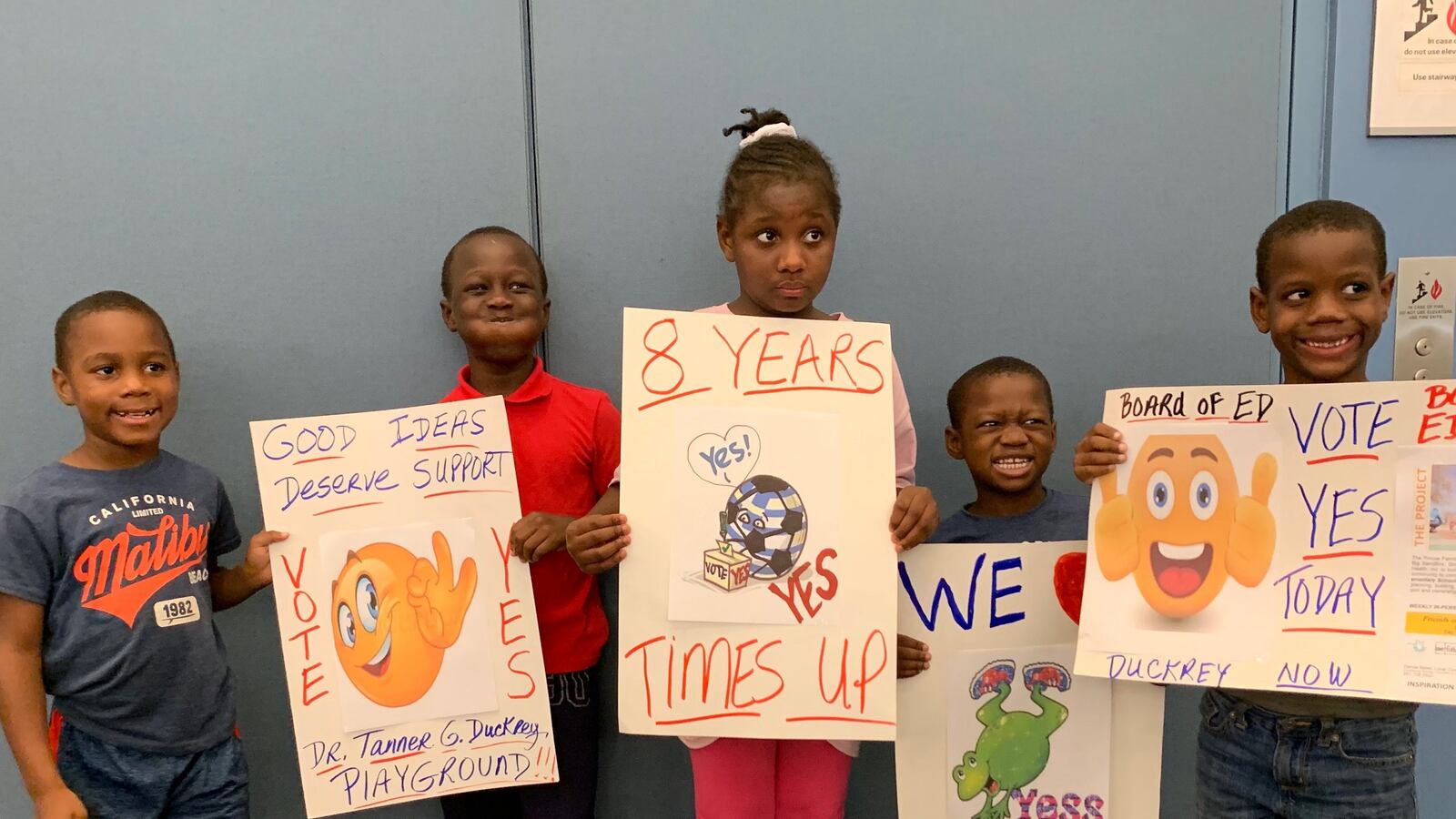 Duckrey students advocate for their playground at Thursday night’s Board of Education meeting.